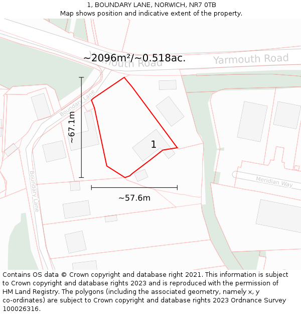 1, BOUNDARY LANE, NORWICH, NR7 0TB: Plot and title map