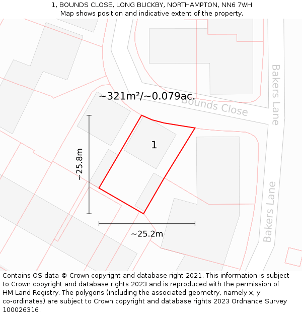 1, BOUNDS CLOSE, LONG BUCKBY, NORTHAMPTON, NN6 7WH: Plot and title map