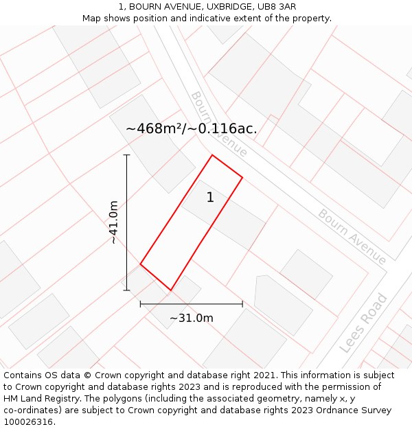 1, BOURN AVENUE, UXBRIDGE, UB8 3AR: Plot and title map