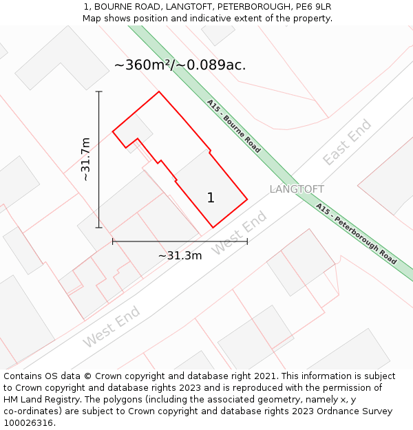 1, BOURNE ROAD, LANGTOFT, PETERBOROUGH, PE6 9LR: Plot and title map