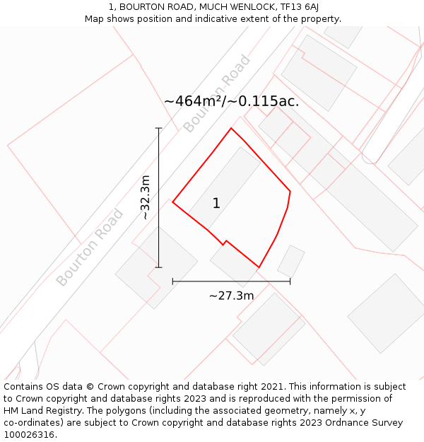 1, BOURTON ROAD, MUCH WENLOCK, TF13 6AJ: Plot and title map