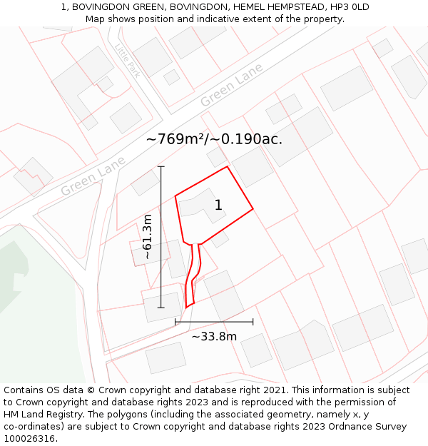 1, BOVINGDON GREEN, BOVINGDON, HEMEL HEMPSTEAD, HP3 0LD: Plot and title map