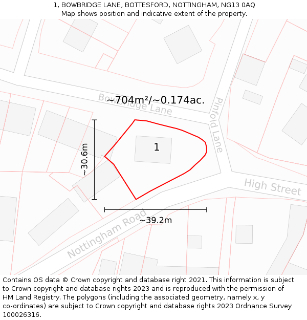 1, BOWBRIDGE LANE, BOTTESFORD, NOTTINGHAM, NG13 0AQ: Plot and title map