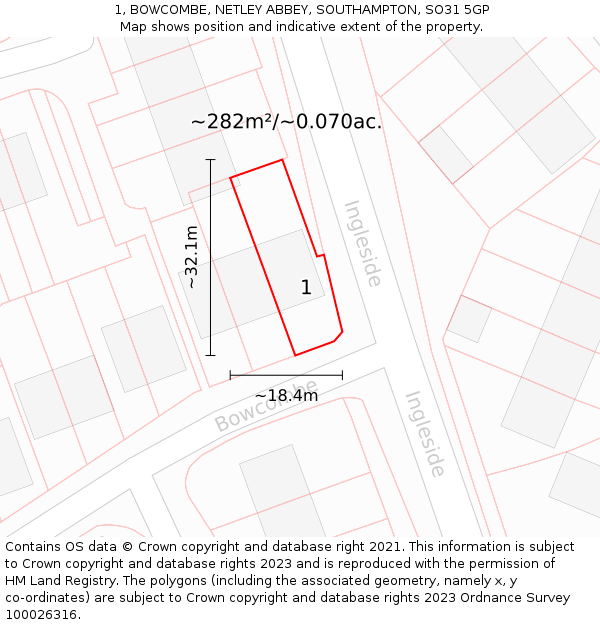 1, BOWCOMBE, NETLEY ABBEY, SOUTHAMPTON, SO31 5GP: Plot and title map