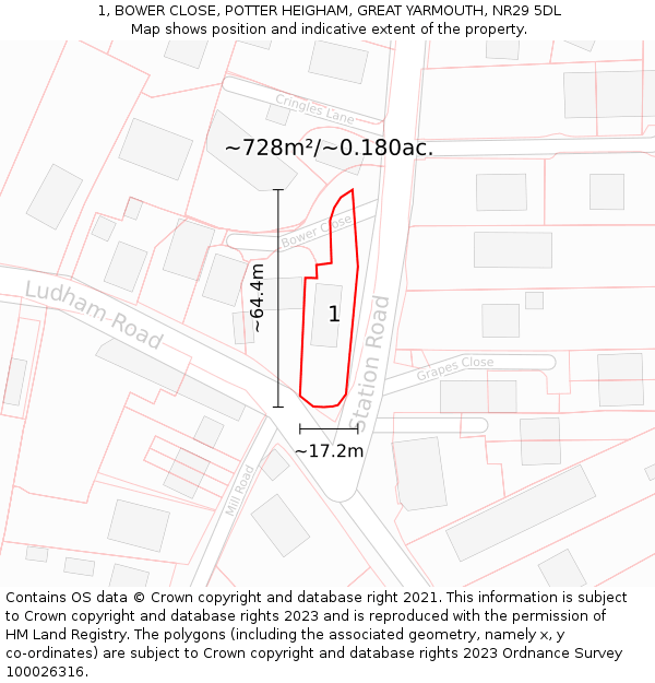 1, BOWER CLOSE, POTTER HEIGHAM, GREAT YARMOUTH, NR29 5DL: Plot and title map