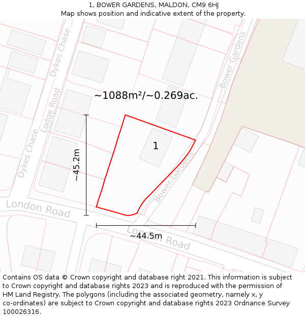 1, BOWER GARDENS, MALDON, CM9 6HJ: Plot and title map