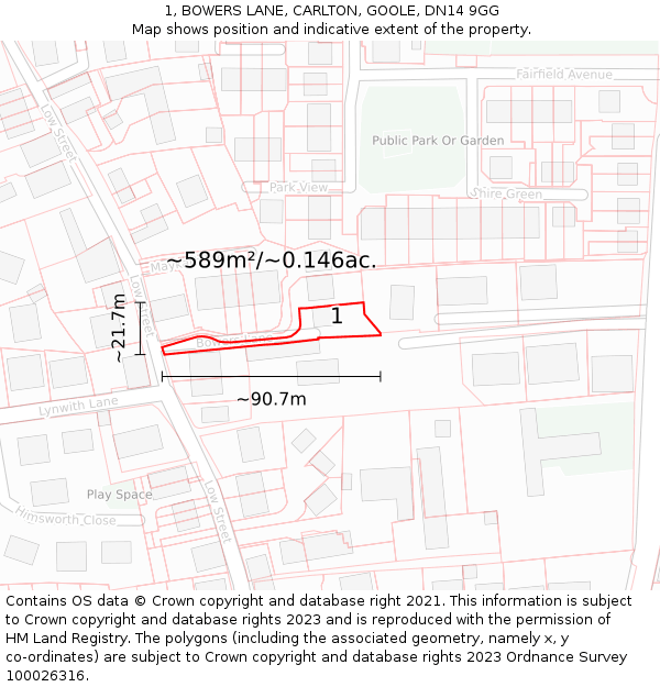 1, BOWERS LANE, CARLTON, GOOLE, DN14 9GG: Plot and title map