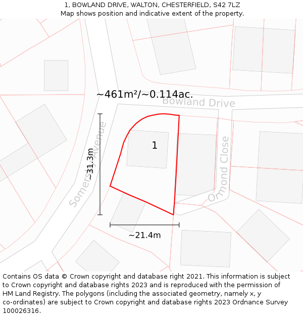 1, BOWLAND DRIVE, WALTON, CHESTERFIELD, S42 7LZ: Plot and title map