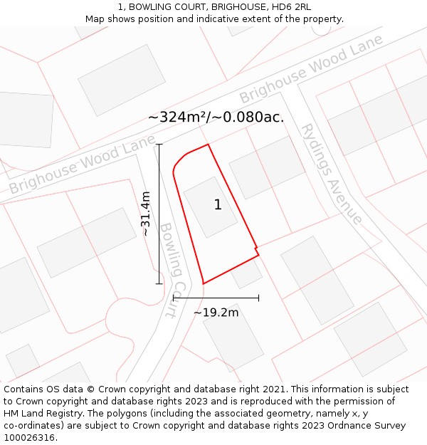 1, BOWLING COURT, BRIGHOUSE, HD6 2RL: Plot and title map