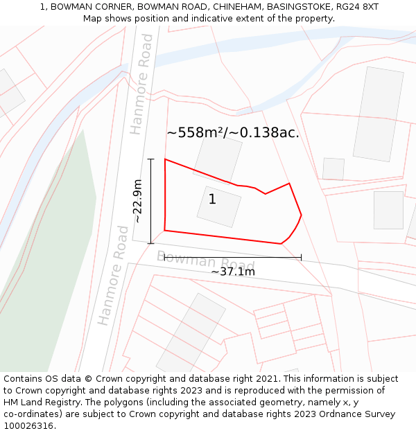 1, BOWMAN CORNER, BOWMAN ROAD, CHINEHAM, BASINGSTOKE, RG24 8XT: Plot and title map