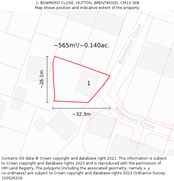 1, BOWMONT CLOSE, HUTTON, BRENTWOOD, CM13 1EB: Plot and title map