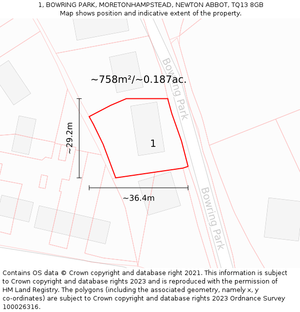 1, BOWRING PARK, MORETONHAMPSTEAD, NEWTON ABBOT, TQ13 8GB: Plot and title map
