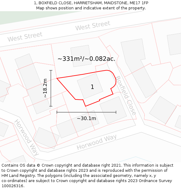 1, BOXFIELD CLOSE, HARRIETSHAM, MAIDSTONE, ME17 1FP: Plot and title map