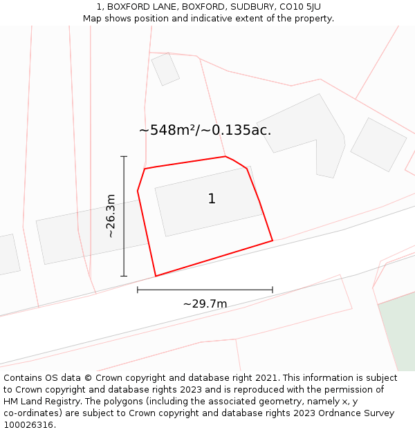1, BOXFORD LANE, BOXFORD, SUDBURY, CO10 5JU: Plot and title map