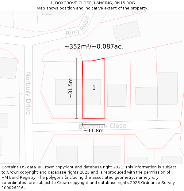 1, BOXGROVE CLOSE, LANCING, BN15 0QG: Plot and title map