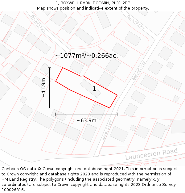 1, BOXWELL PARK, BODMIN, PL31 2BB: Plot and title map