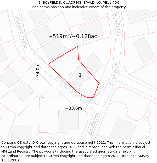 1, BOYFIELDS, QUADRING, SPALDING, PE11 4QQ: Plot and title map