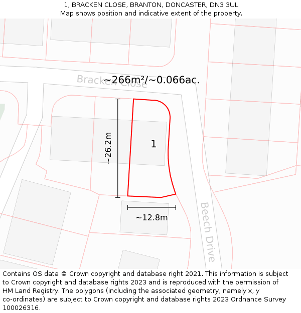 1, BRACKEN CLOSE, BRANTON, DONCASTER, DN3 3UL: Plot and title map
