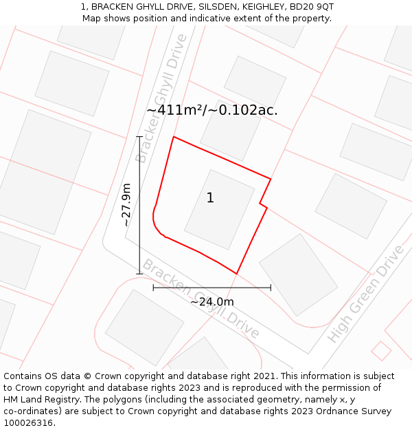 1, BRACKEN GHYLL DRIVE, SILSDEN, KEIGHLEY, BD20 9QT: Plot and title map