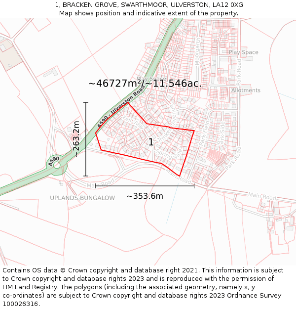 1, BRACKEN GROVE, SWARTHMOOR, ULVERSTON, LA12 0XG: Plot and title map