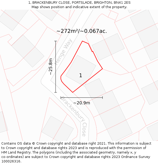 1, BRACKENBURY CLOSE, PORTSLADE, BRIGHTON, BN41 2ES: Plot and title map