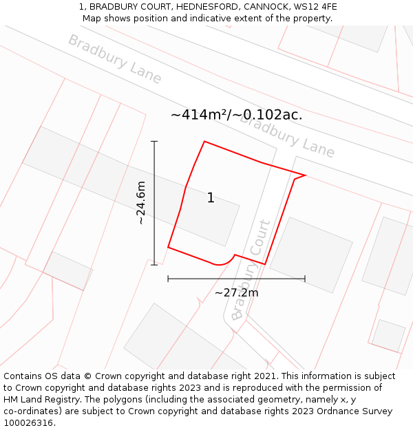 1, BRADBURY COURT, HEDNESFORD, CANNOCK, WS12 4FE: Plot and title map