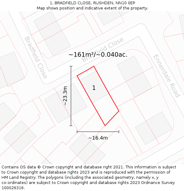 1, BRADFIELD CLOSE, RUSHDEN, NN10 0EP: Plot and title map
