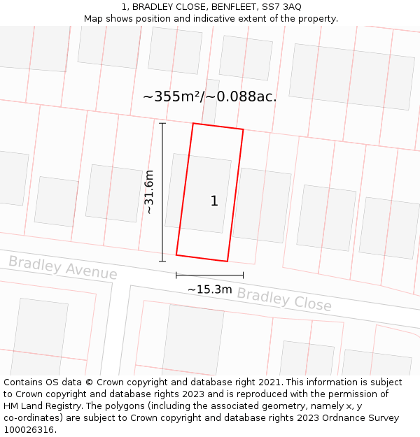 1, BRADLEY CLOSE, BENFLEET, SS7 3AQ: Plot and title map