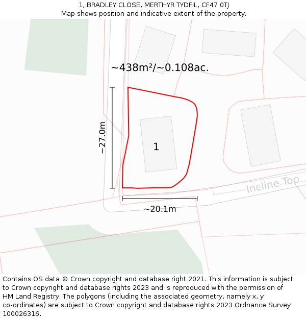 1, BRADLEY CLOSE, MERTHYR TYDFIL, CF47 0TJ: Plot and title map
