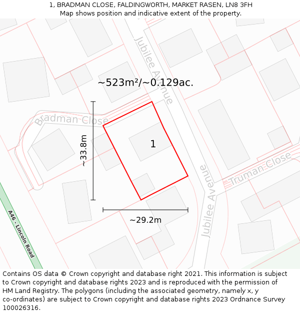 1, BRADMAN CLOSE, FALDINGWORTH, MARKET RASEN, LN8 3FH: Plot and title map