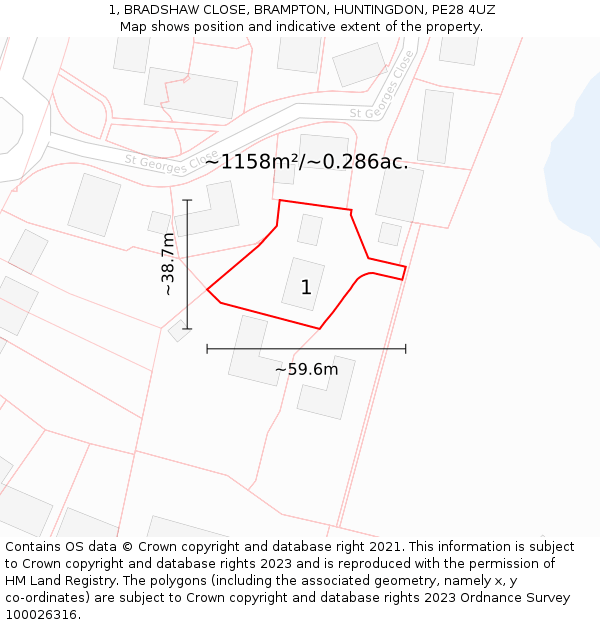1, BRADSHAW CLOSE, BRAMPTON, HUNTINGDON, PE28 4UZ: Plot and title map