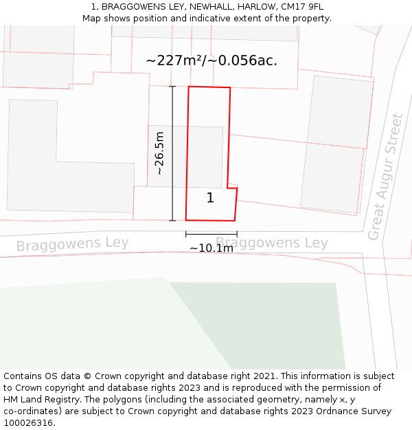1, BRAGGOWENS LEY, NEWHALL, HARLOW, CM17 9FL: Plot and title map