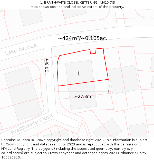 1, BRAITHWAITE CLOSE, KETTERING, NN15 7JS: Plot and title map
