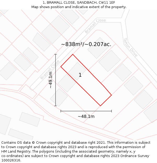 1, BRAMALL CLOSE, SANDBACH, CW11 1EF: Plot and title map