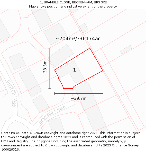 1, BRAMBLE CLOSE, BECKENHAM, BR3 3XE: Plot and title map