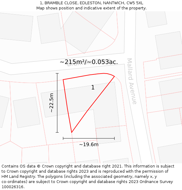1, BRAMBLE CLOSE, EDLESTON, NANTWICH, CW5 5XL: Plot and title map