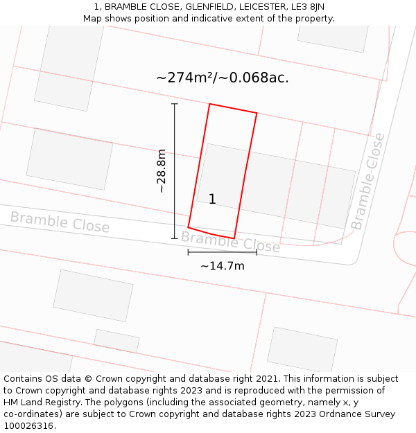 1, BRAMBLE CLOSE, GLENFIELD, LEICESTER, LE3 8JN: Plot and title map