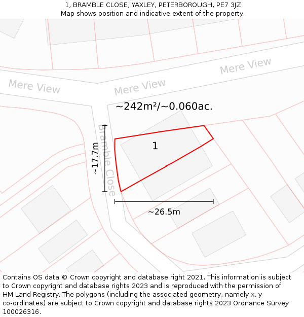 1, BRAMBLE CLOSE, YAXLEY, PETERBOROUGH, PE7 3JZ: Plot and title map