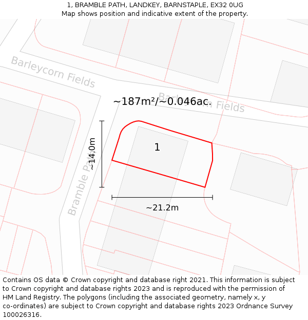 1, BRAMBLE PATH, LANDKEY, BARNSTAPLE, EX32 0UG: Plot and title map