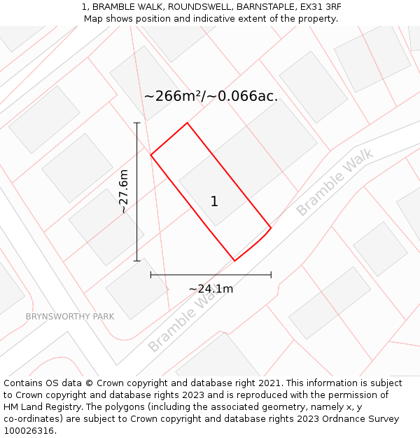 1, BRAMBLE WALK, ROUNDSWELL, BARNSTAPLE, EX31 3RF: Plot and title map