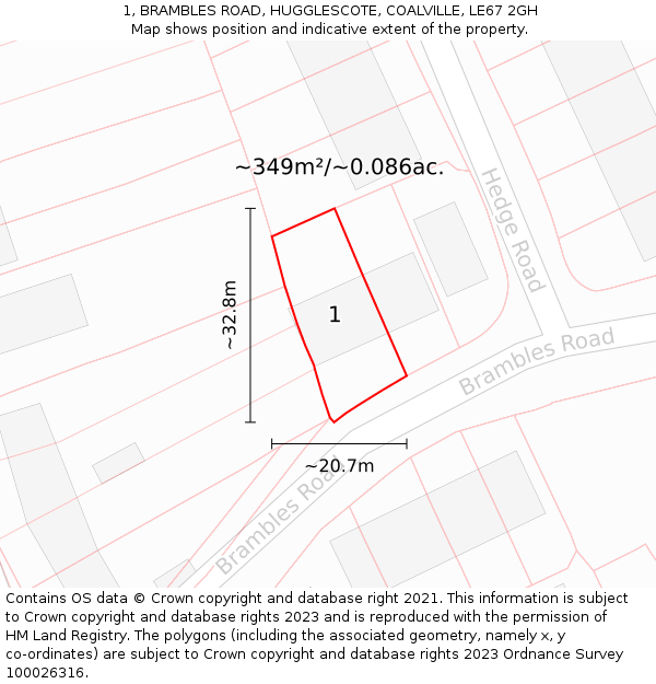 1, BRAMBLES ROAD, HUGGLESCOTE, COALVILLE, LE67 2GH: Plot and title map