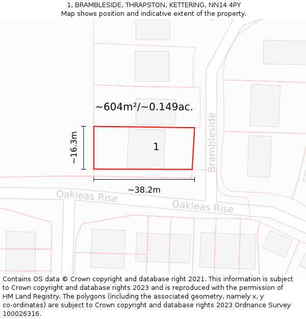 1, BRAMBLESIDE, THRAPSTON, KETTERING, NN14 4PY: Plot and title map