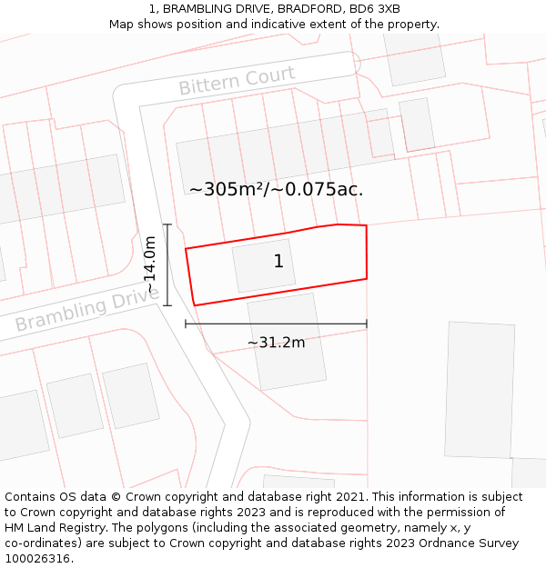 1, BRAMBLING DRIVE, BRADFORD, BD6 3XB: Plot and title map