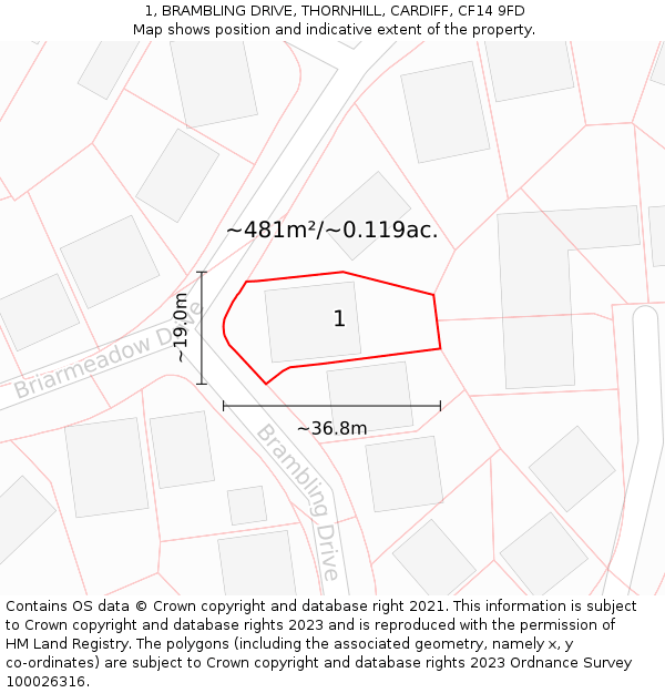 1, BRAMBLING DRIVE, THORNHILL, CARDIFF, CF14 9FD: Plot and title map