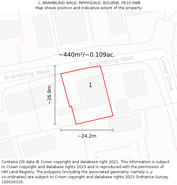 1, BRAMBLING WALK, RIPPINGALE, BOURNE, PE10 0WB: Plot and title map
