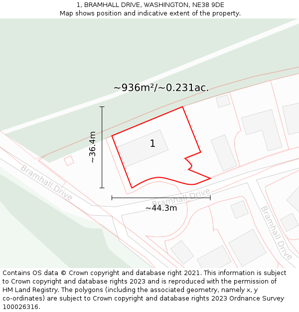 1, BRAMHALL DRIVE, WASHINGTON, NE38 9DE: Plot and title map