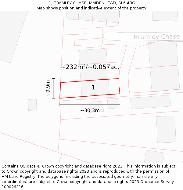 1, BRAMLEY CHASE, MAIDENHEAD, SL6 4BG: Plot and title map