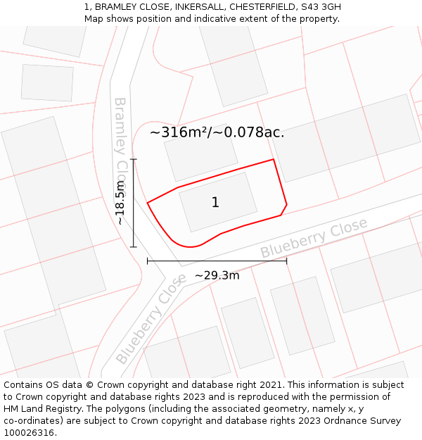 1, BRAMLEY CLOSE, INKERSALL, CHESTERFIELD, S43 3GH: Plot and title map