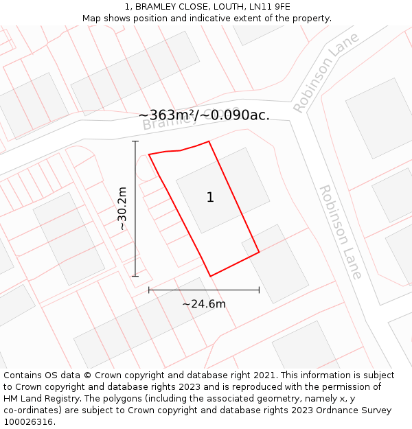 1, BRAMLEY CLOSE, LOUTH, LN11 9FE: Plot and title map