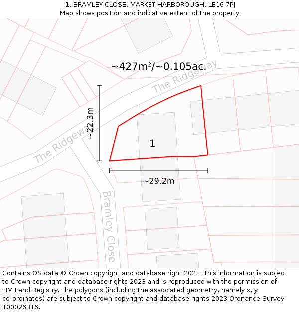 1, BRAMLEY CLOSE, MARKET HARBOROUGH, LE16 7PJ: Plot and title map